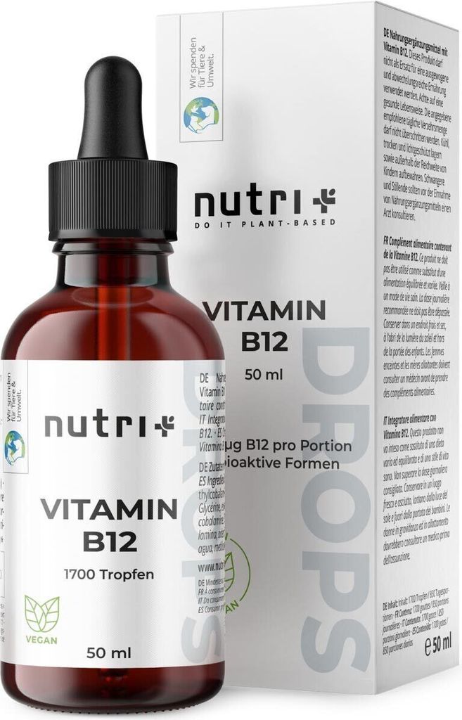 nutri+ Vitamin B12 Tropfen hochdosiert + vegan - flüssig Komplex mit Methylcobalamin