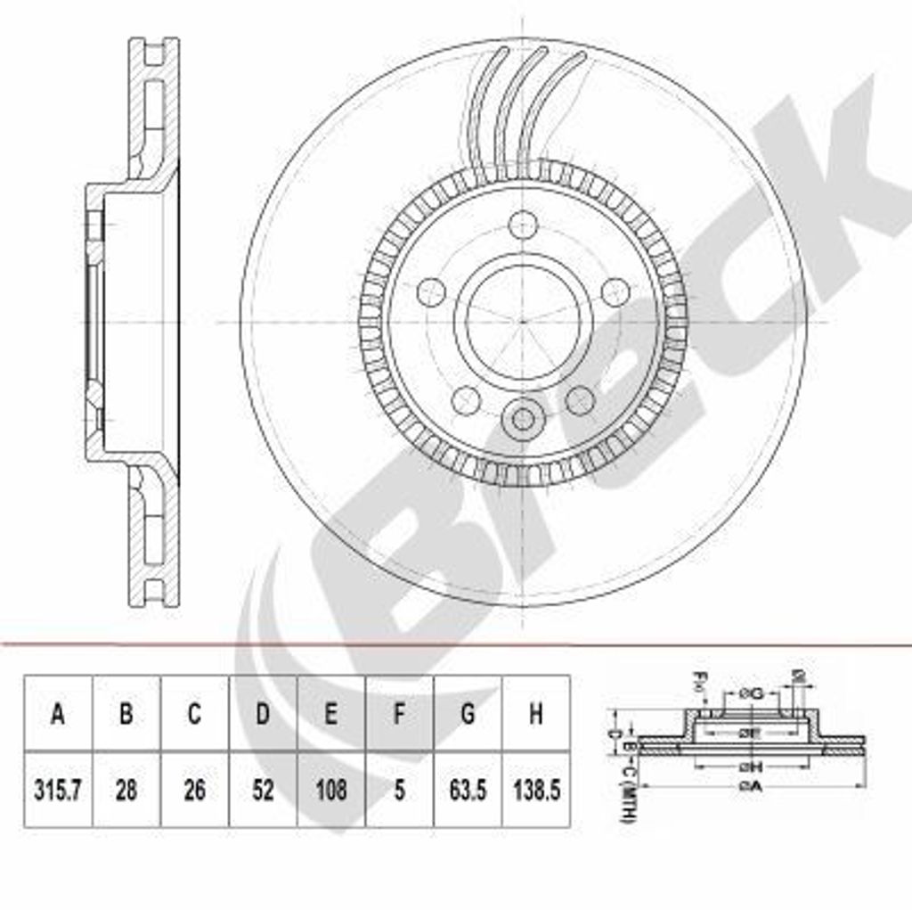 2x BRECK Bremsscheibe BR 418 VH100 für FORD S-MAX (WA6) GALAXY (WA6) 52mm 316mm