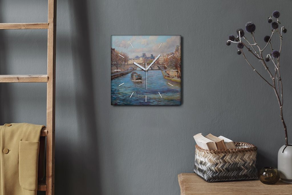 Coloray Hodiny Unikátní 30x30 cm Tiché hodiny Pro obývací pokoj a kuchyň Nástěnné hodiny Plátno Bílé ručičky hodin - Stromy města řeky