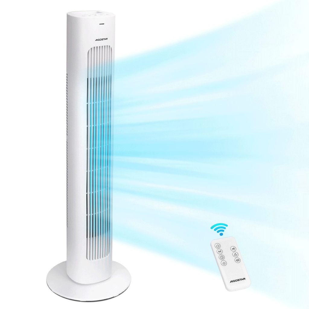 A white tower fan is shown with a remote control and blue air flow graphics.