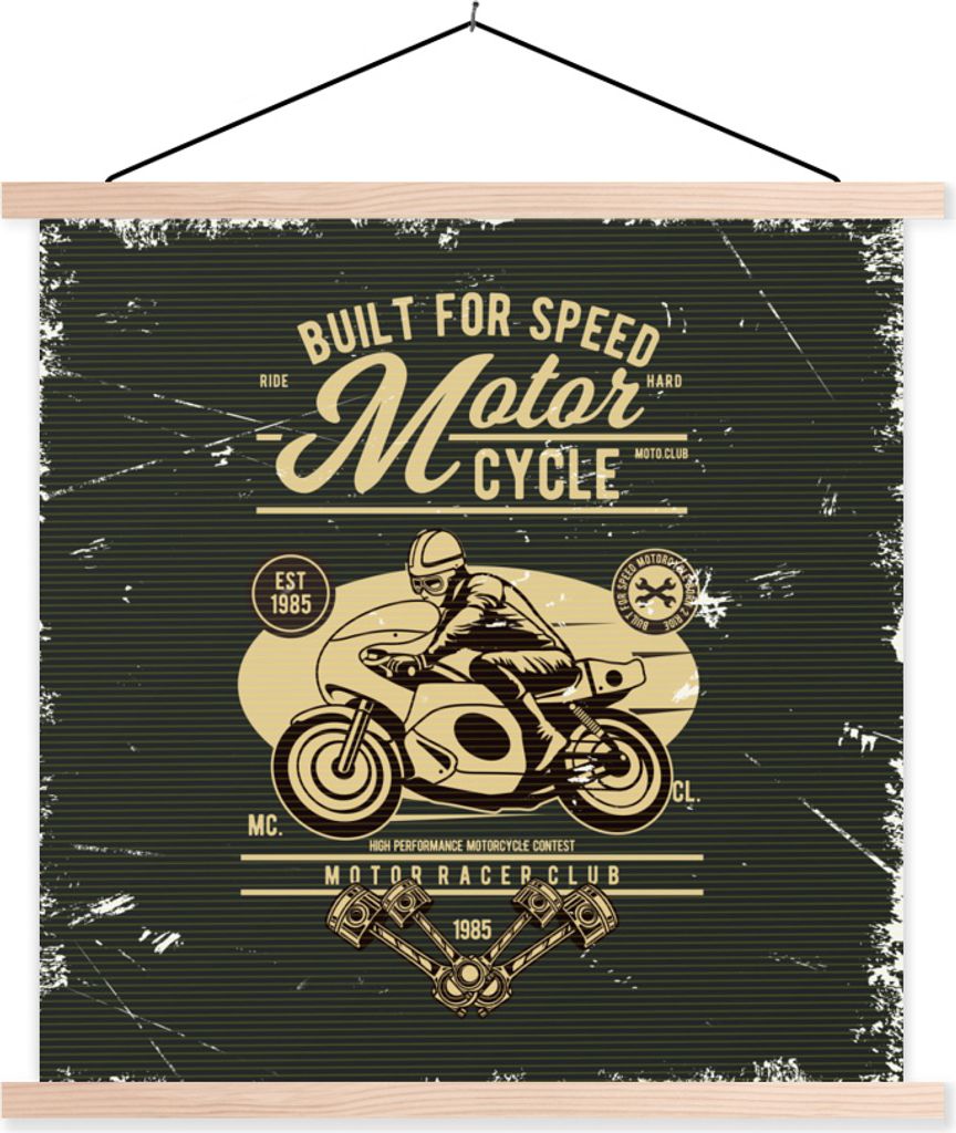 MuchoWow Textilposter Motorrad - Mann - Zeichnung - Retro 120x120 cm mit holzfarbenen Rahmen - Textil-Poster