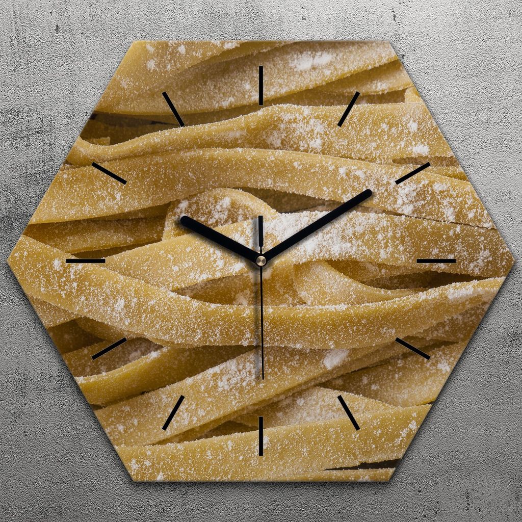 Uhr hexagonal 40 cm Glas Geräuschlos schwarze Zeiger - Nudelmehl Bandnudel