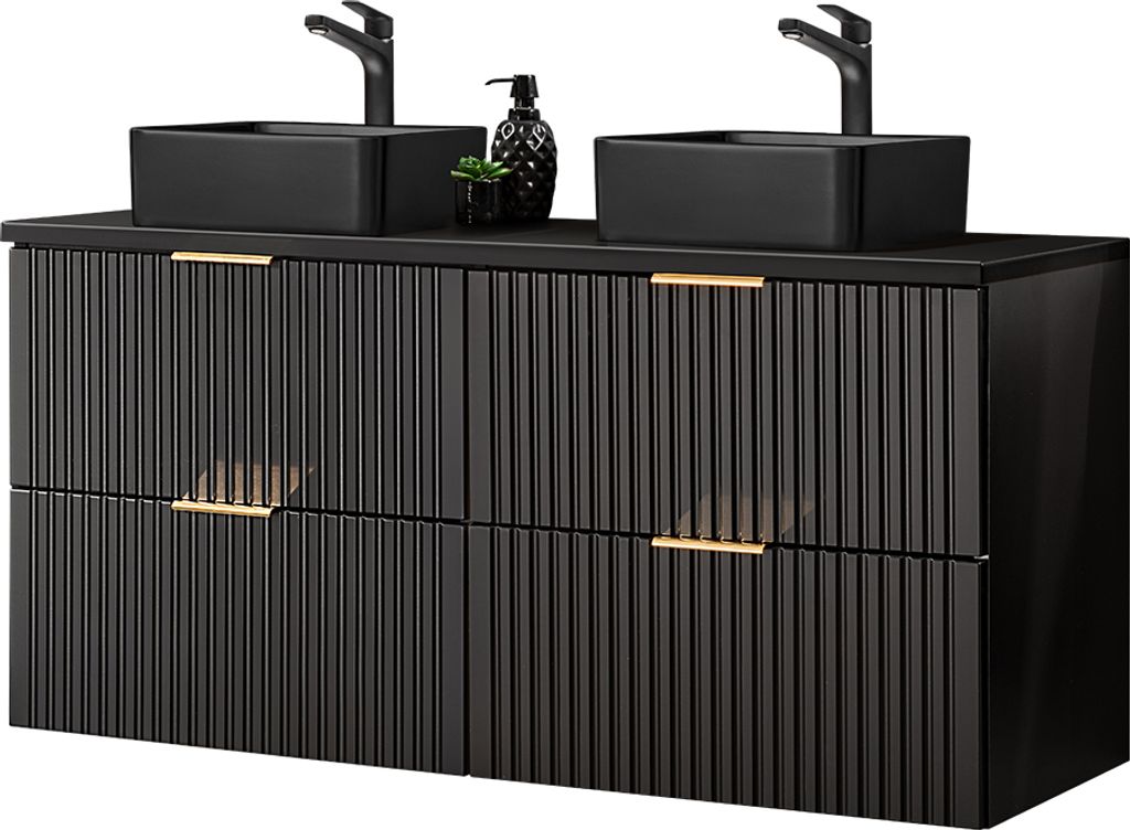 Doppelwaschtisch mit 2 schwarzen Aufsatzbecken, ADELAIDE-56-BLACK, matt schwarz gerillt, B/H/T ca. 120,6/72,2/46,5 cm