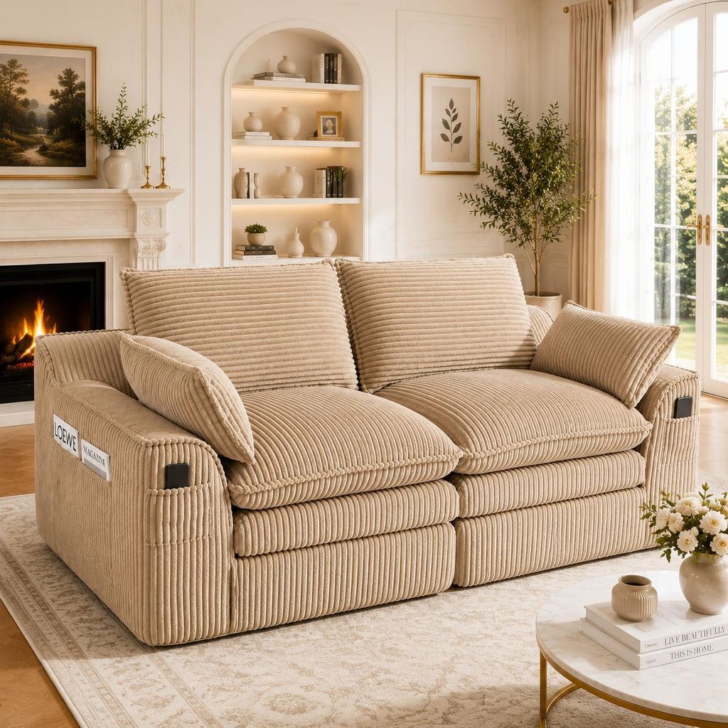 Cordsofa 2-Sitzer Khaki Modular Sofa Klein Couch mit Kissen Federkern Seitentaschen Mini-Sofa Polstersofa Loungesofa für Wohnzimmer Büro Kleines ...