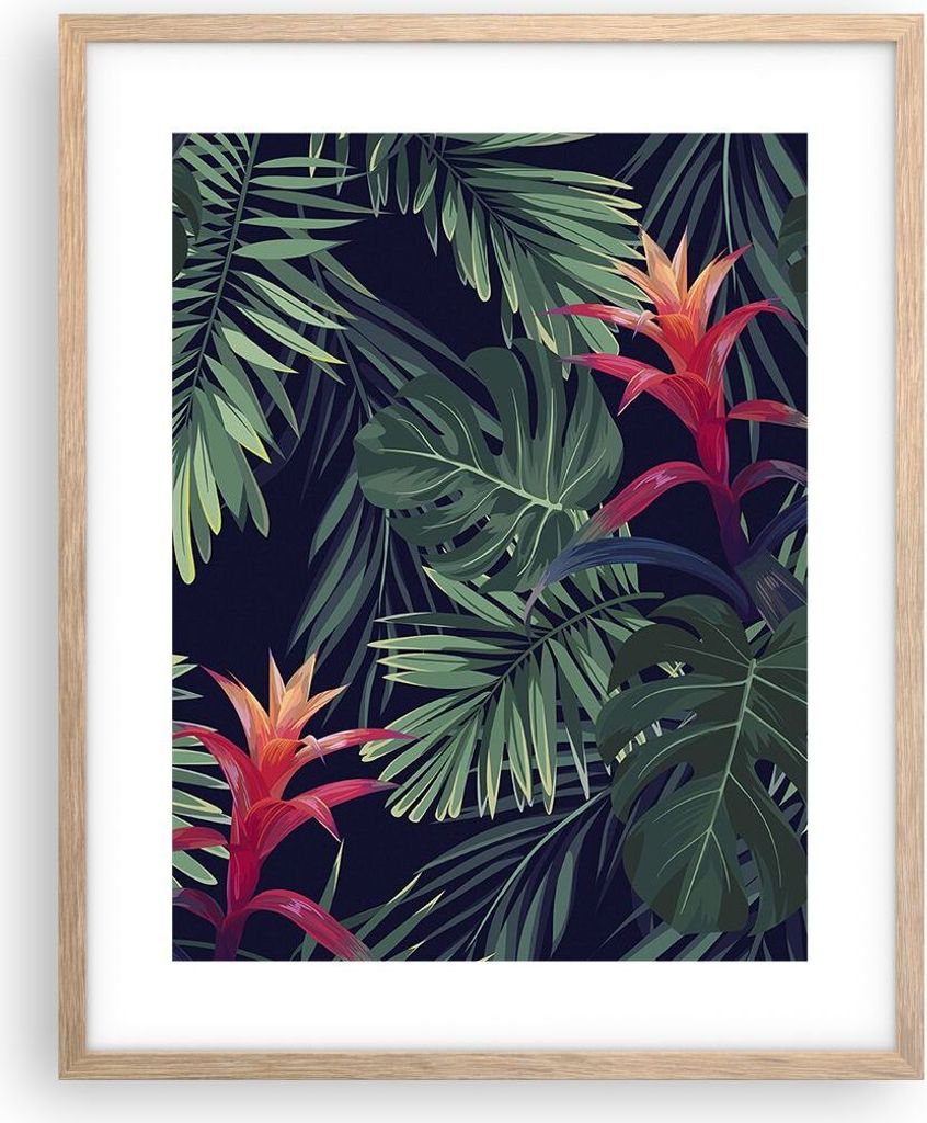 Gerahmtes Poster - Rahmen in heller Eiche - Exotisch Blumen Blätter - 40x50 cm - Wand Bild - Wanddeko - Wandbilder - Wandposter - Bilderrahmen - B...