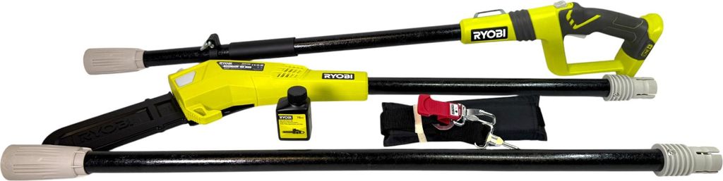 A collection of Ryobi power tool components laid out on a white background.