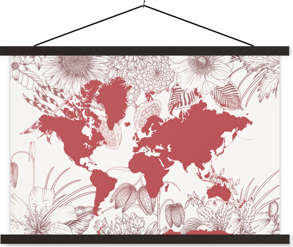 MuchoWow Textilposter Weltkarte - Rosa - Weiß 120x80 cm mit schwarzem Rahmen - Wanddeko