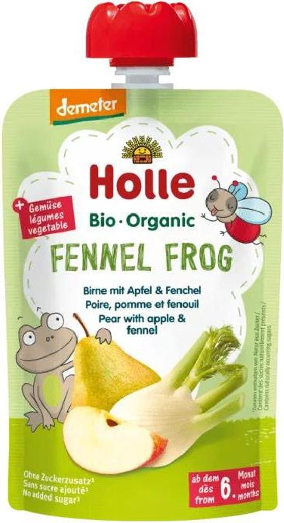 Dill-Fruchtpüree „Frosch“ (Birne – Apfel – Fenchel) ohne Zuckerzusatz, glutenfrei, ab dem 6. Monat, Demeter-Bio, 100 g – HOLLE