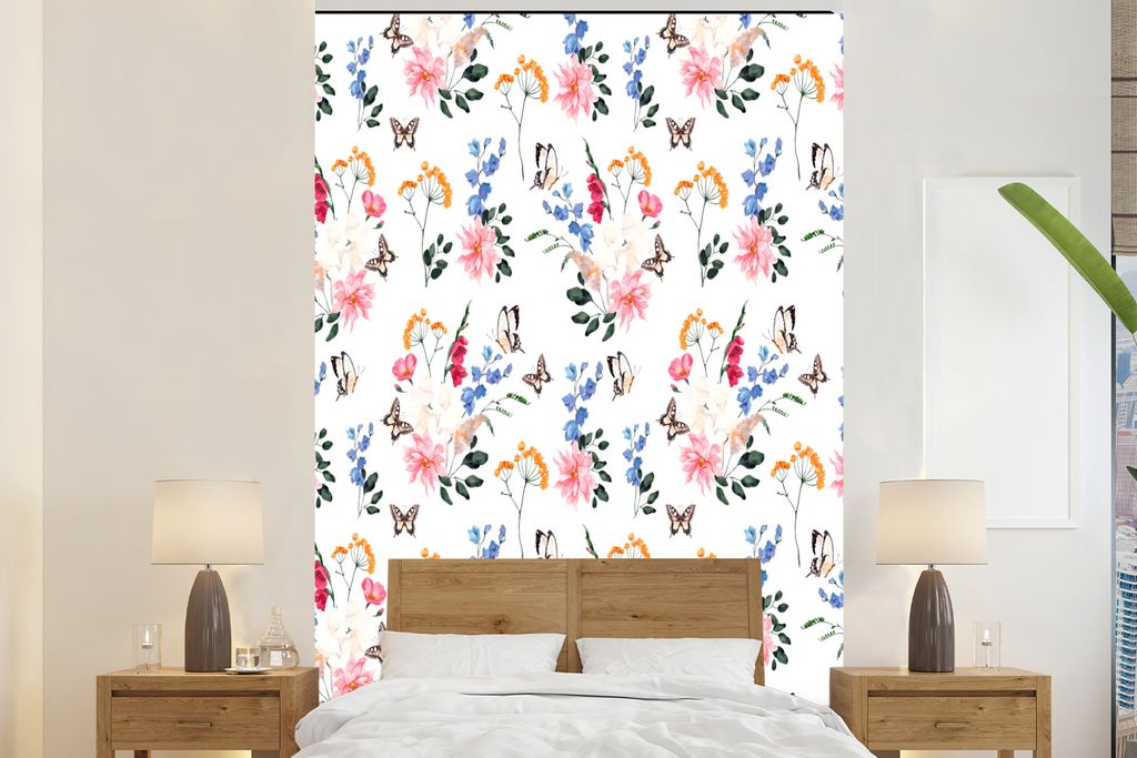 MuchoWow Fototapete für Wohnzimmer oder Schlafzimmer Wandtapete Vinyl Motivtapete Blumen - Schmetterlinge - Collage - 170x260 cm - Wohnzimmertapete
