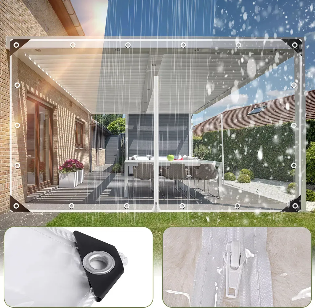 Rideau de tonnelle transparent 2x2m imperméable avec zip extérieur