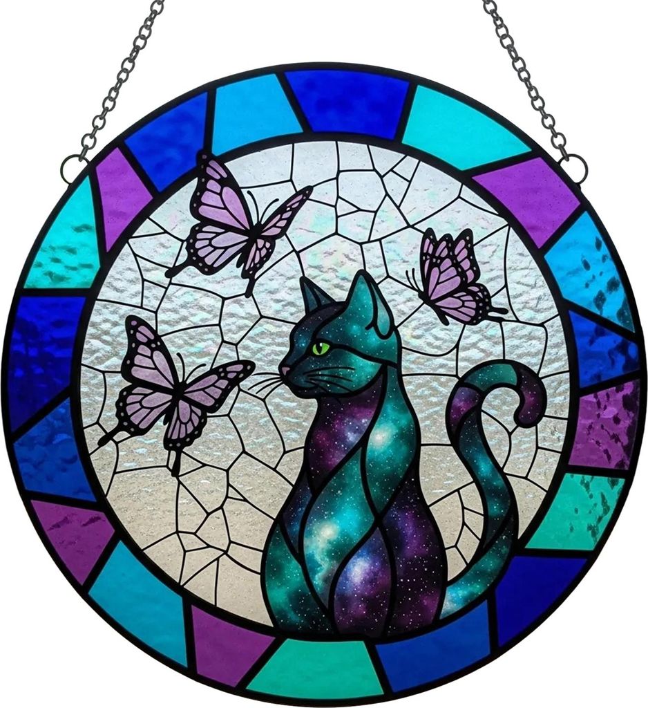 Sonnenfänger mit Katzen- und Schmetterlingsmotiv, zum Aufhängen, Dekoration für drinnen und draußen, für Zuhause, Garten, Wand, Fenster, zum A...