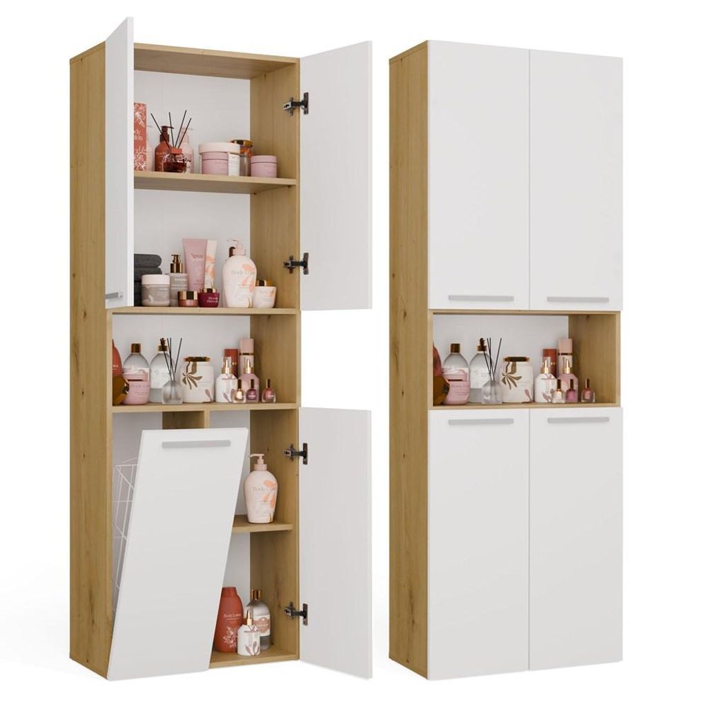 NEL 1K DK Badmeubel met wasmand, eikenhout Artisan / wit Productafbeelding 