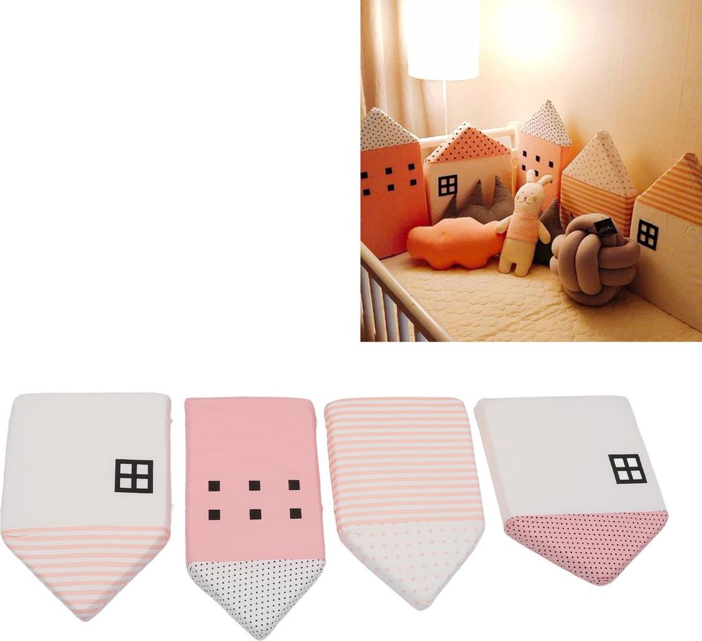 4 Stück Baby-Baumwoll-Crash-Leitplanke in Hausform, abnehmbar, waschbar, Anti-Kollision, weiche Stoßstange, Bettumrandung für Zimmer