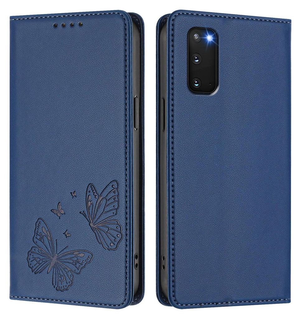 Lederhülle für Samsung Galaxy S20 FE 5G, Schmetterling Prägung Leder Brieftasche Schutzhülle mit Ständer Dunkelblau