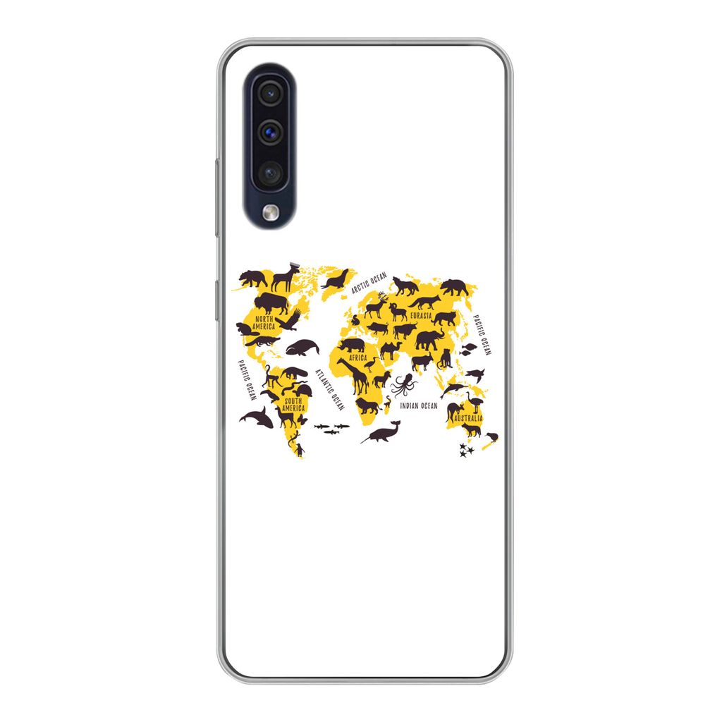 MuchoWow Handyhülle Schutzhülle Hülle für Samsung Galaxy A30s Weltkarte - Tiere - Gelb Silikon Softcase Handy Hülle - Karteninhaber