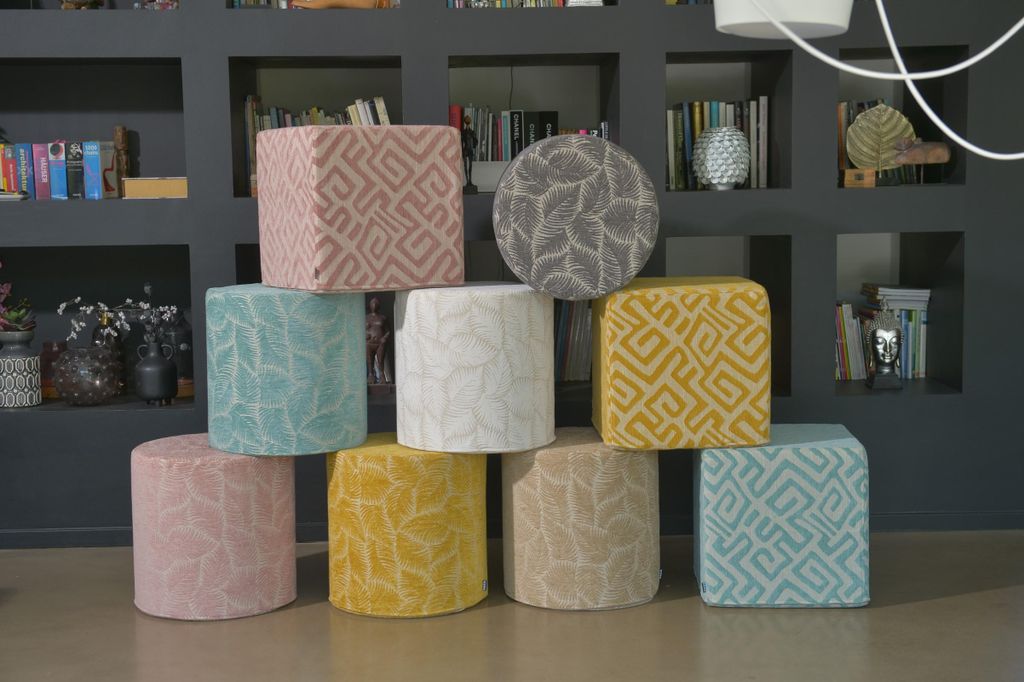 H.O.C.K. Nelly Hocker rund Pouf ø45x45cm Blätter col. 0 weiß