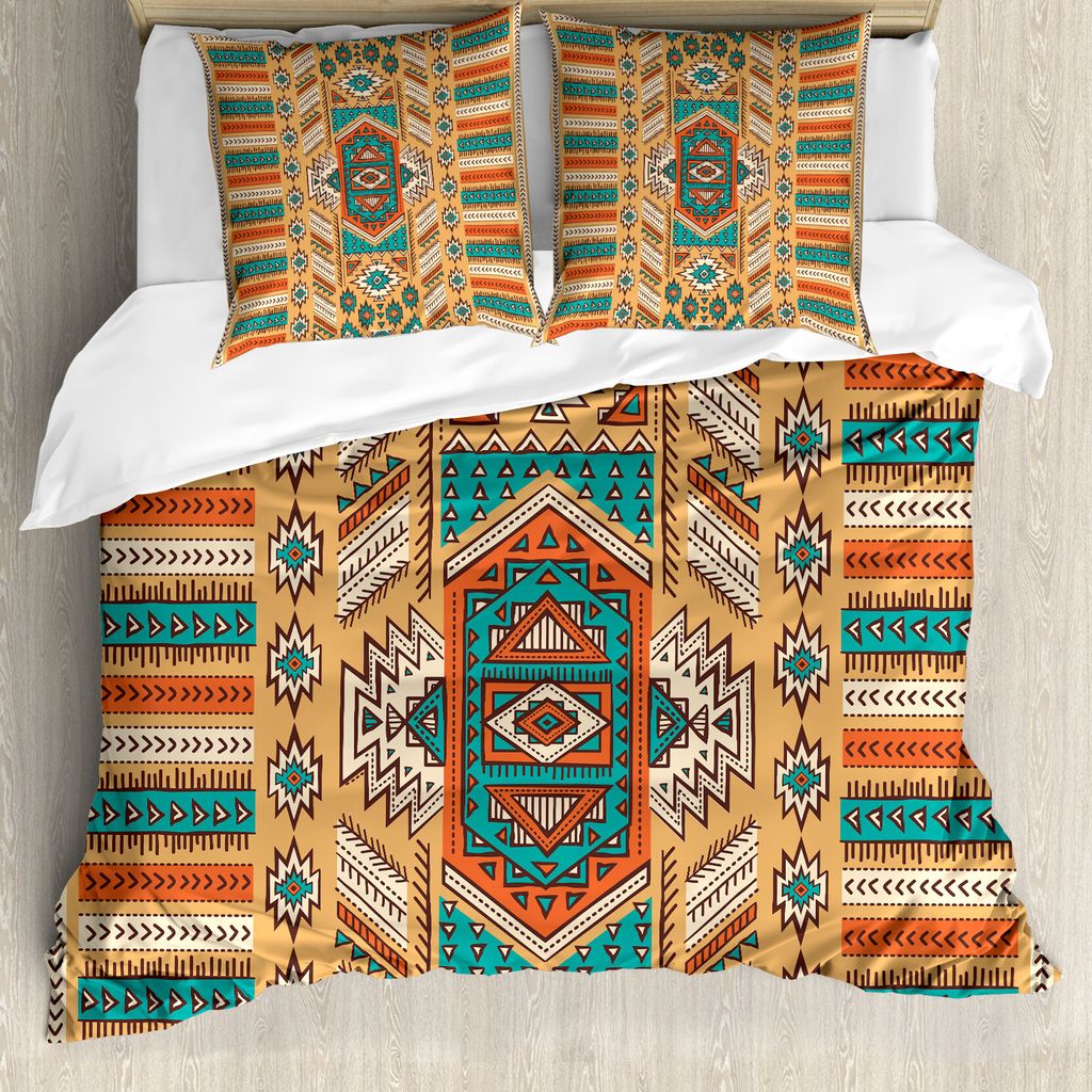 ABAKUHAUS aztekisch Bettbezugs Set Für Doppelbetten, Böhmisches Muster, Milbensicher Allergiker geeignet mit Kissenbezügen, Aprikose Orange und ...