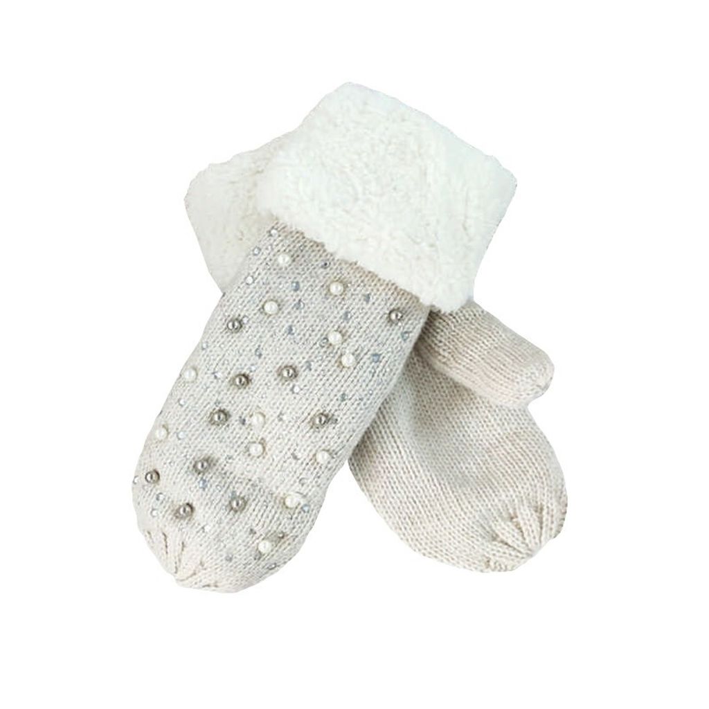 Warme beige Handschuhe mit Perlen und Schafsfell, 30% Wolle 70%.Polyacryl