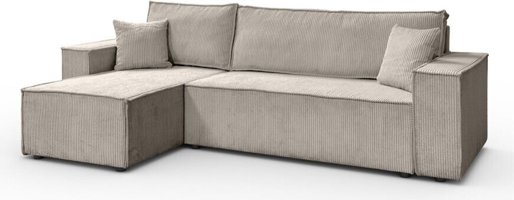 A beige sectional sofa with corduroy upholstery, shown from a slightly elevated front-side angle against a white background.
