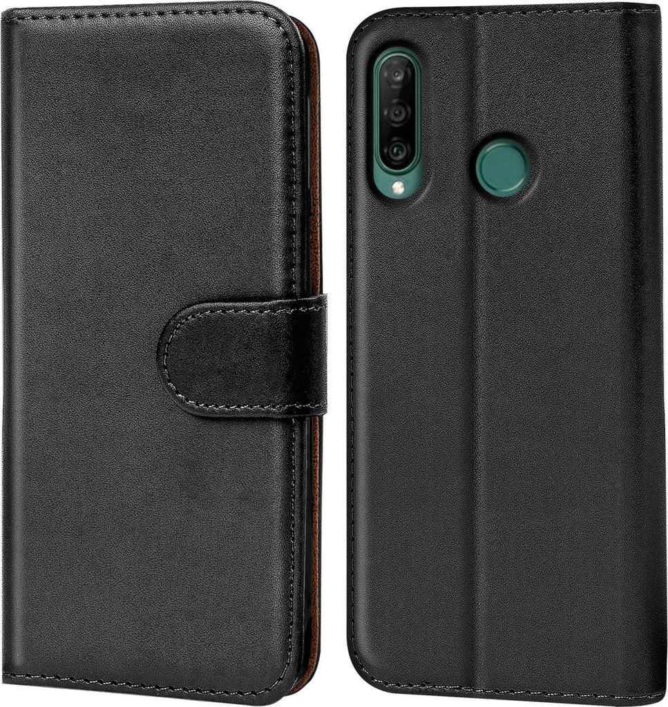 A black flip case for a Huawei Y6p phone, shown from the front and back.