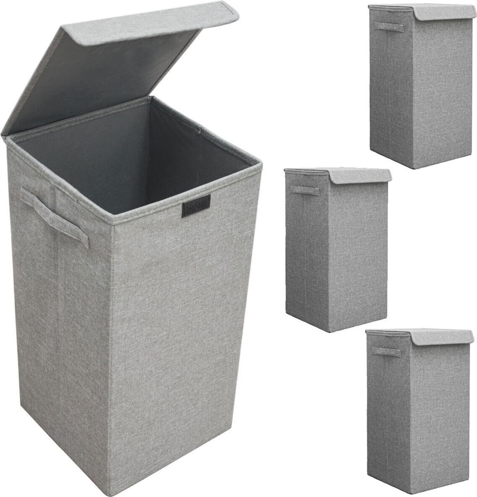 A set of three grey fabric laundry baskets with lids, one of which is open.
