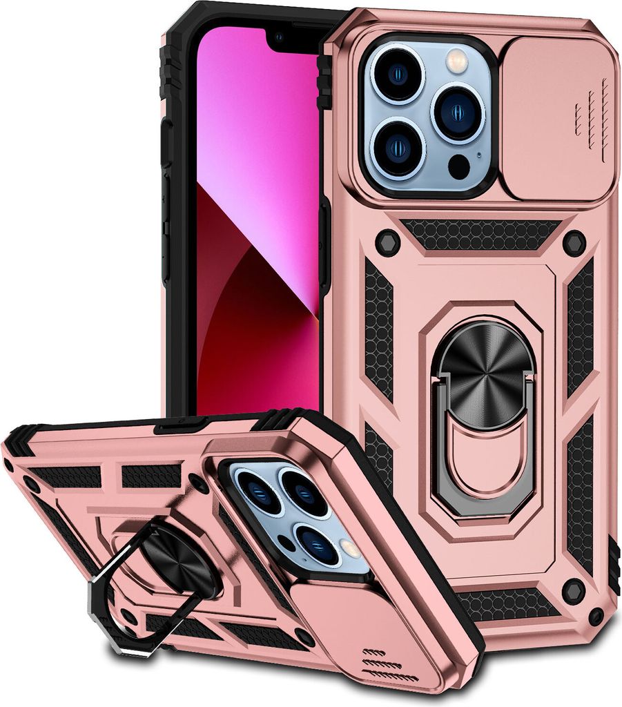 iPhone 14 Pro Max Hülle mit Schiebe Kamera Schutz und Ringhalter Ständer Robust Rüstung Schutzhülle für iPhone 14 Pro Max Rosa