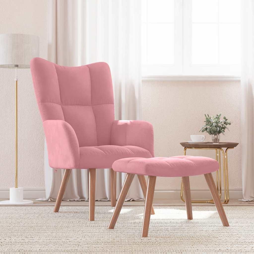 A pink velvet armchair and ottoman are placed on a rug in a room with sheer curtains and a floor lamp.