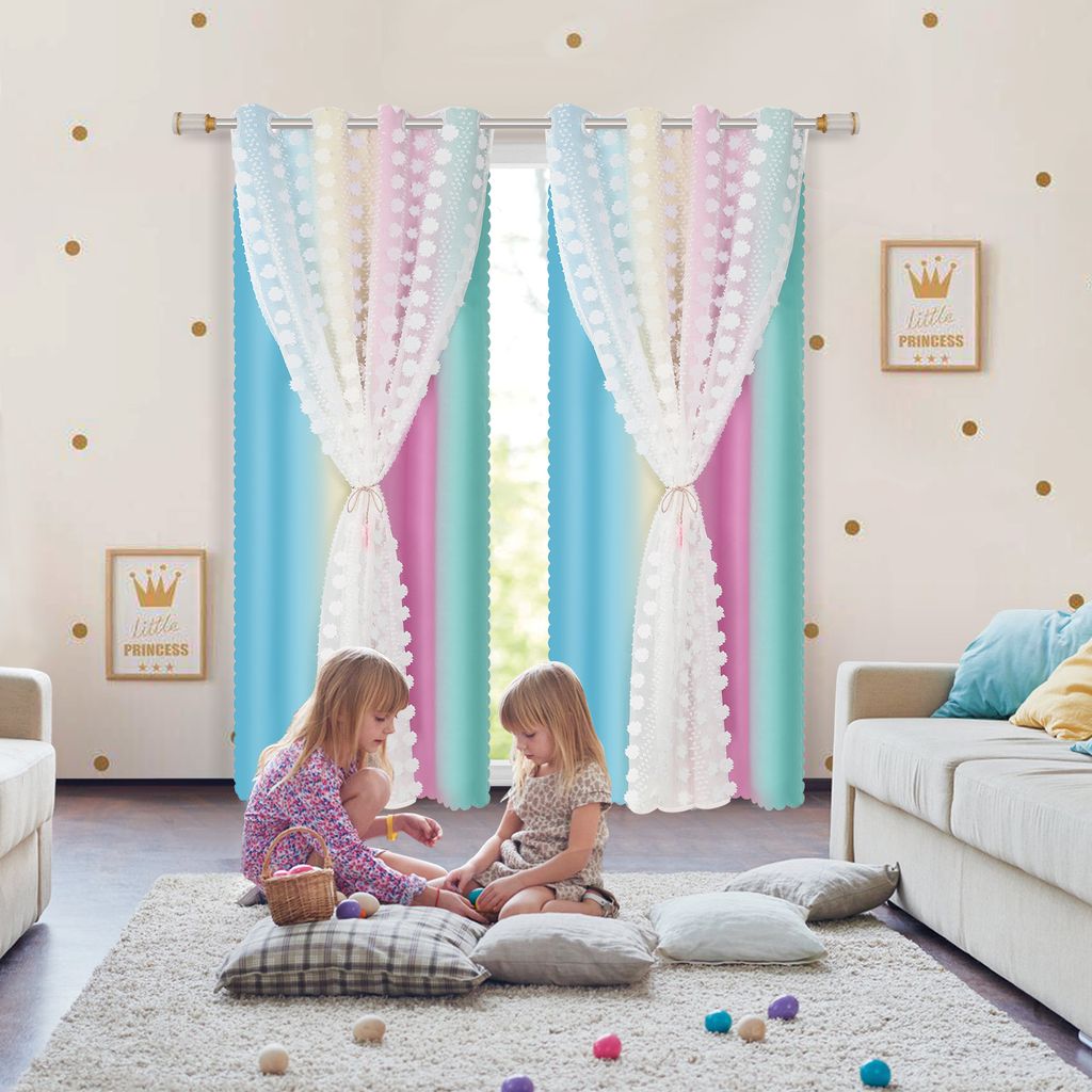 2 Stück Fertiggardinen 132x160cm Kindervorhang Ösen Gardinen mit PomPom Doppelschichtige Kinderzimmer Vorhänge,Baby Gardinen,Macaron-Blau