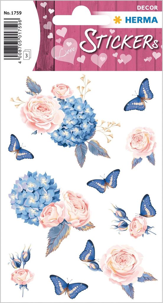 HERMA 1759 Aufkleber Blumen Blau Rosa klein groß, 30 Stück, Rosen Sticker mit Schmetterlingen, selbstklebend, Etiketten für Valentinstag Liebe H...