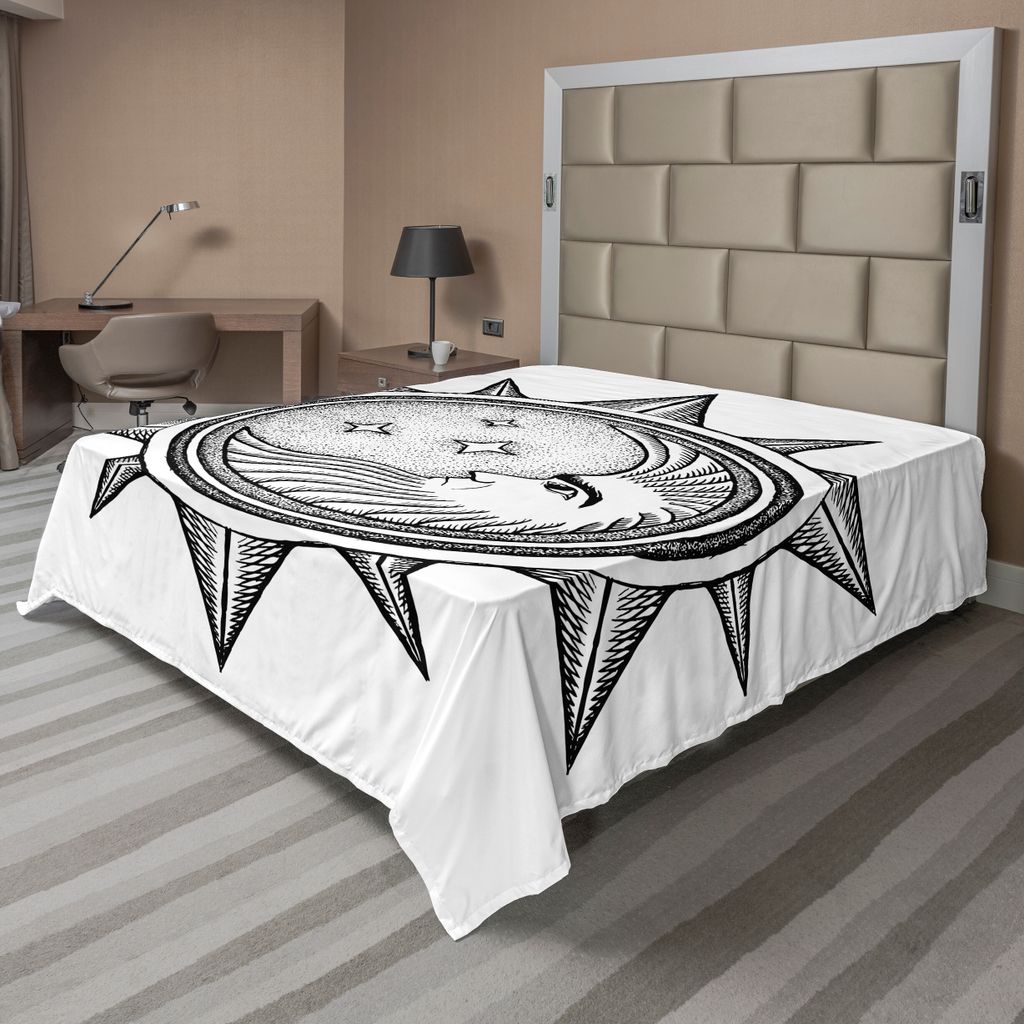 ABAKUHAUS Okkulte Bettlaken, Mond in der Sonne mit Sternen Alchemy Clandestine Esoteric Solar Crescent Artwork, weiches bequemes oberes Bettlaken f...