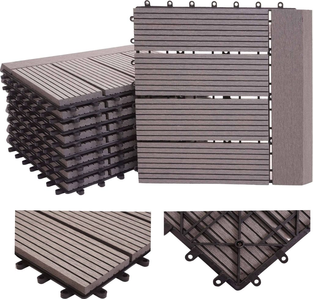 WPC Bodenfliese Rhone + Abschluss, Holzoptik Balkon/Terrasse, 11x je 30x30cm = 1qm Premium grau linear waagrecht