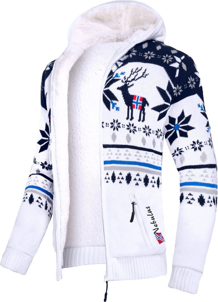 Nebulus Norweger Jacke Hoody mit Teddyfell NORON Herren, mit Kapuze, schicker Pullover im Norweger-Style, P6400 - Herren, weiß-navy, XXL