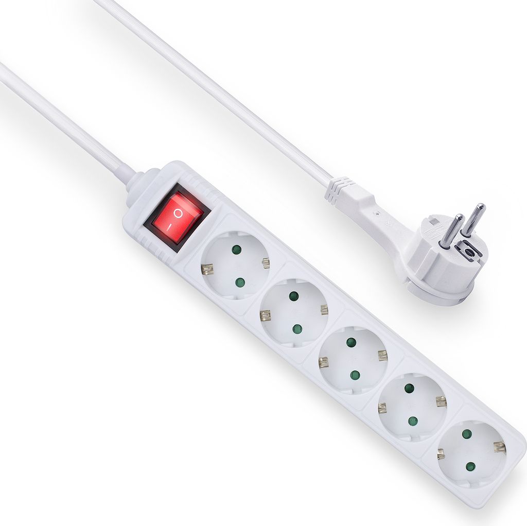ACT Steckdosenleiste mit beleuchtetem Schalter und Flachstecker, 5 Steckdosen, 1,5 m, weiß AC2455