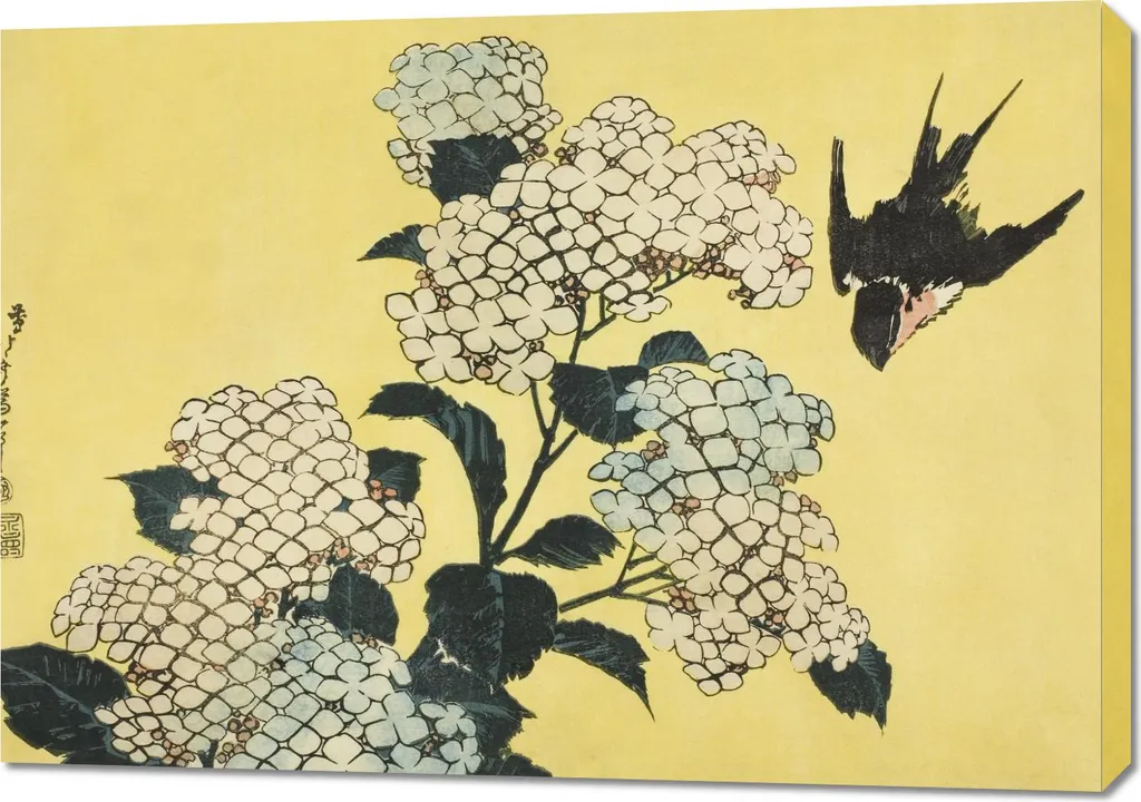 Quadro Hokusai Ortensia e Rondine 100x70 - Arredo Salotto Vintage