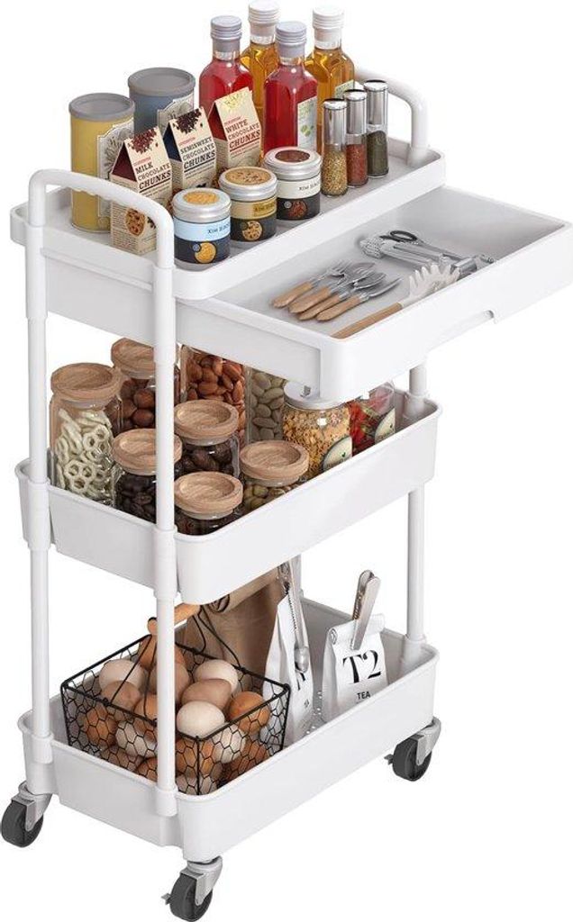 Praktische 3-niveau-handwagen mit Kunststoffplatten, ideal für Büros, Küchen, Waschräume, Badezimmer, Makeup, weiß