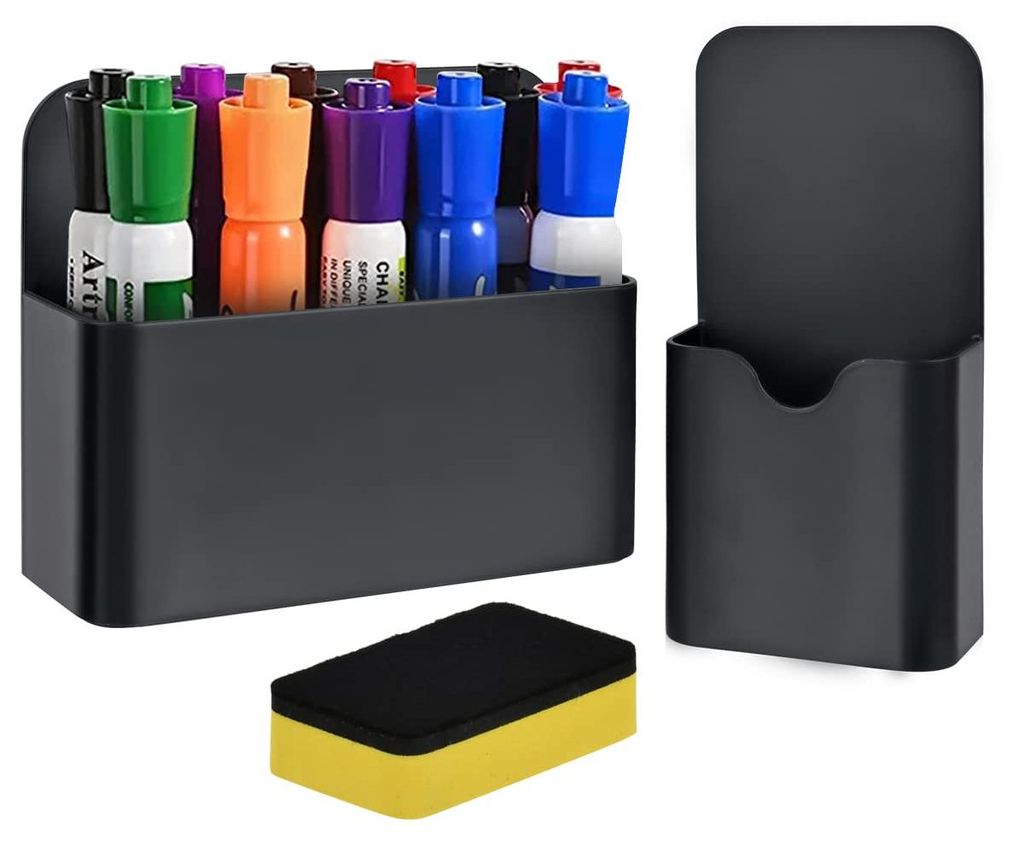 Magnetische Whiteboard-Stifthalter, 2 Stück mit Schwamm, schwarz