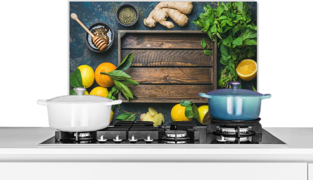 KitchenYeah Spritzschutz Küche - Küchenrückwand - Wandschutz für Herd und Spüle - Obstkiste - Zitrone 70x50 - Alu-Dibond (Alternative zum S...
