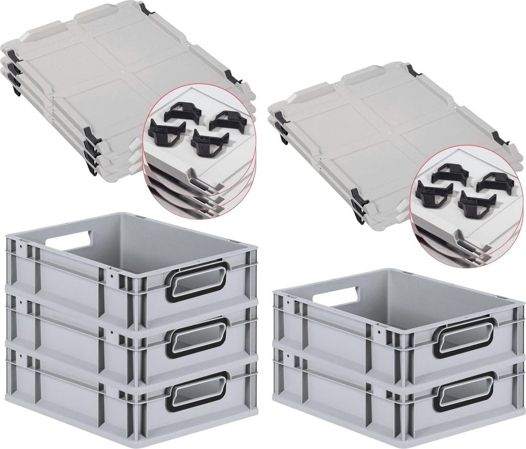 SparSet 5x Eurobox NextGen Color mit Auflagedeckel und Schiebeschnappverschlüsse | HxBxT 12x30x40cm | 11 Liter | Grau | Griffe schwarz offen | Gla...