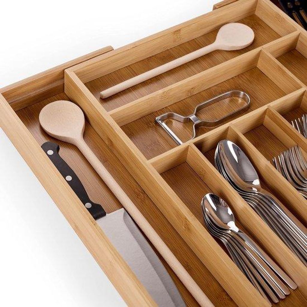 Schreibtisch Organizer 455 x 33 x 5 cm - Ausziehbarer Ladegerät - 5-7 Fächer - Bambus - Extra Platz