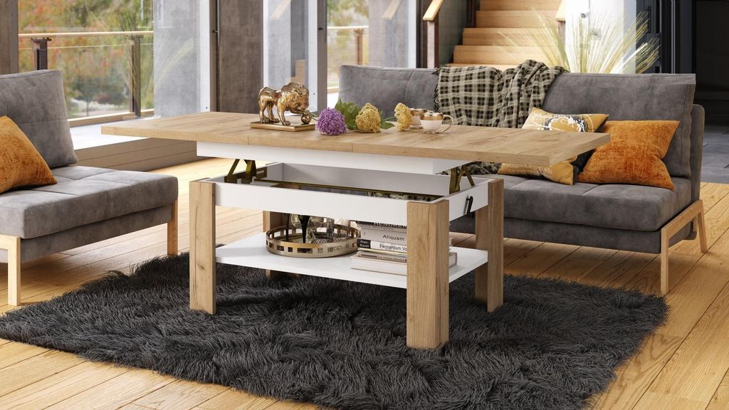 Design Couchtisch Tisch Rio stufenlos höhenverstellbar 55 - 67 cm ausziehbar 130 - 170cm mit Ablagefläche Esstisch