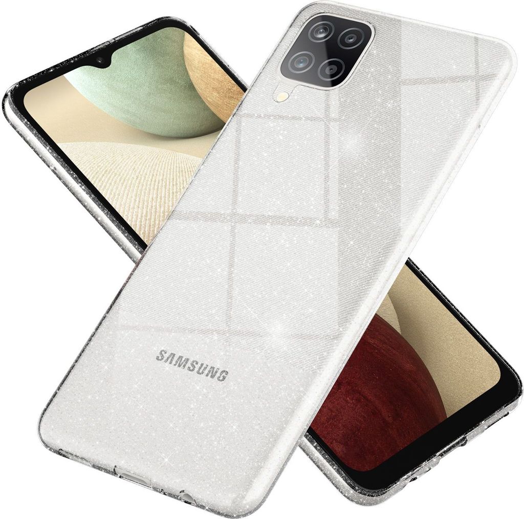 NALIA Glitzer Handy Hülle für Samsung Galaxy A12, Glitzer Handyhülle Cover Schutz Etui Transparent