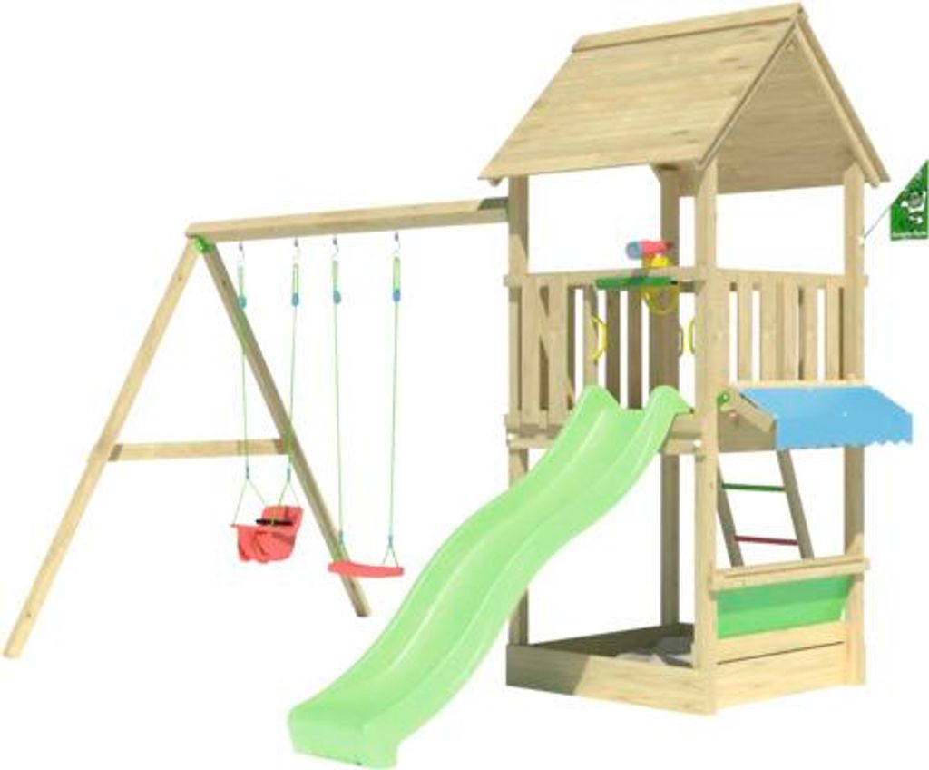 Doppelschaukel Spielhaus mit Stelzen Jungle Gym 383 x 347 cm Holz grün