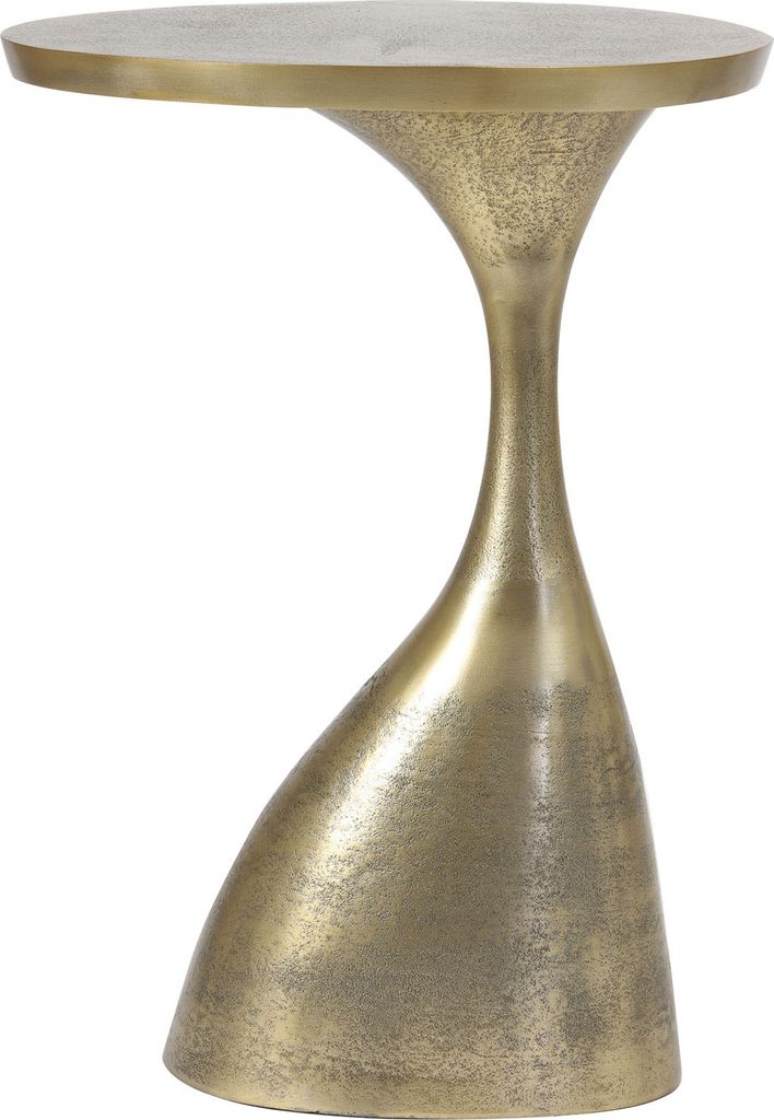 A side view of a bronze side table with a unique, sculptural base and a round top.