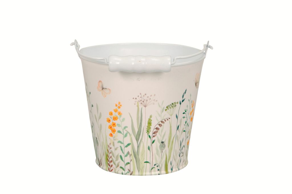 Eimer Metall mit Henkel Blumenwiese Pflanztopf weiß/bunt Blumentopf Pflanzgefäß Ø13cm H12cm + ca.8cm Henkel