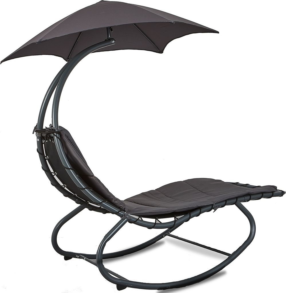 A gray rocking lounge chair with a built-in umbrella, shown against a white background.