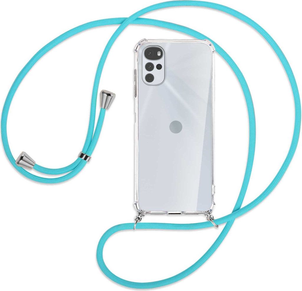 Handykette Backcover-Schutzhülle mit Band (Metall silberfarben) für Motorola Moto G22 4G - türkis
