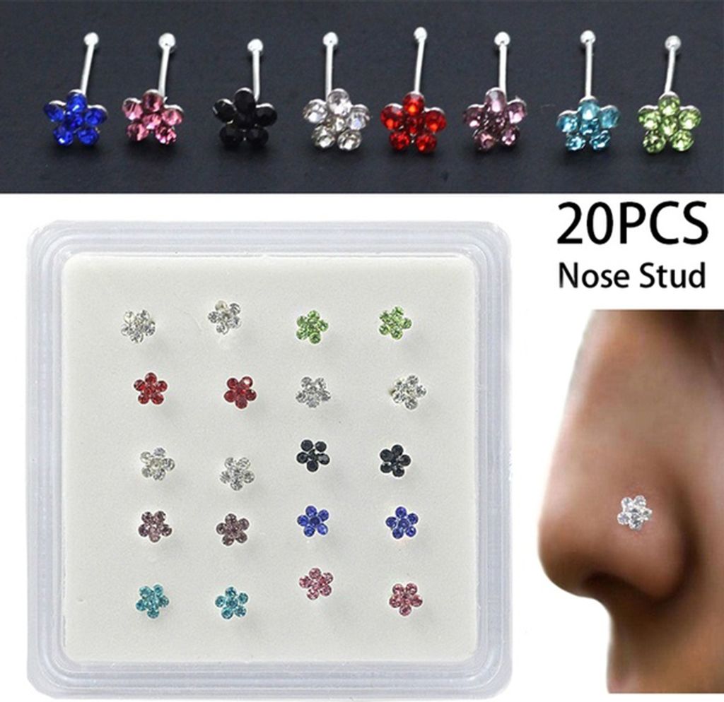 20 Teile/schachtel Frauen Blume Strass Silber Überzogene Nase Stud Body Piercing Schmuck