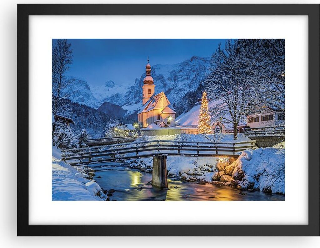Gerahmtes Poster - Schwarzer Rahmen - Festlich Kirche Schnee - 40x30 cm - Wand Bild - Wanddeko - Wandbilder - Kunstposter - Wandposter - Bilderrahm...