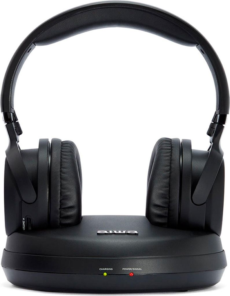 A pair of black wireless headphones and their charging dock are shown against a white background.