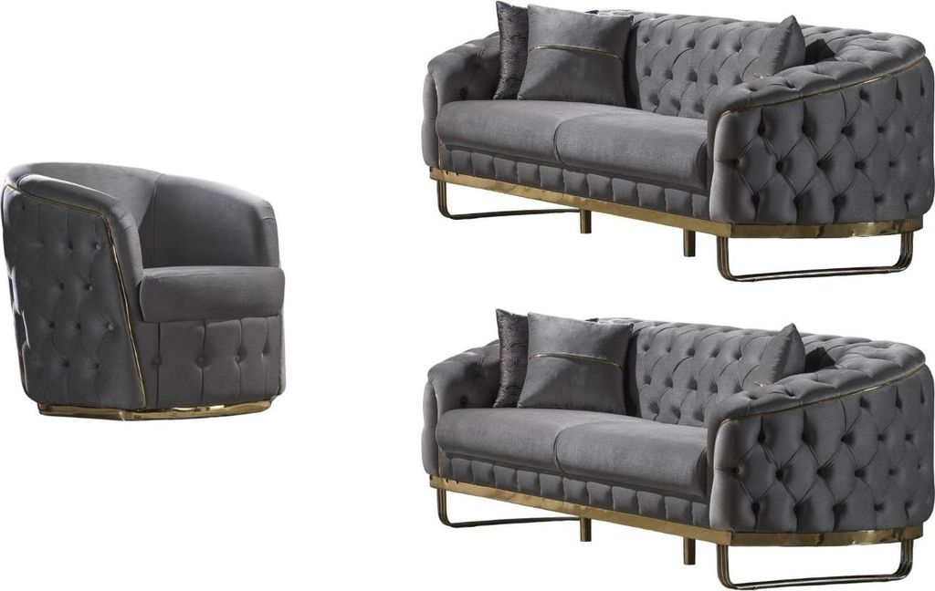 Villa Möbel Sofa Set Fairy Grau Stellvariante:3+2+1 Handmade, pflegeleichter Mikrofaser Samtstoff